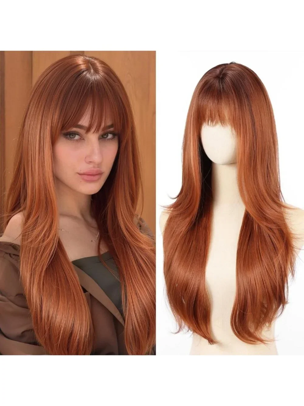 Ombre Ginger Long Wavy Auburn Wig with Bangs - 26